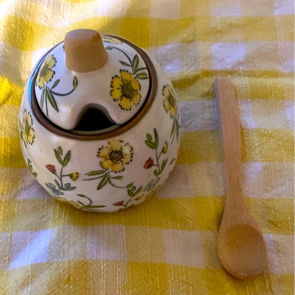 Used Hand-Painted Stoneware Sugar Pot with spoon and Lid